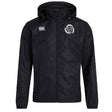 A Missoula All-Maggots Club Vaposhield Full Zip Rain Jacket by EMB Canterbury—a black hooded rugby rain jacket featuring a white Canterbury logo on the right chest and a white stylized emblem on the left chest—displayed on a plain background.