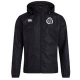 A Missoula All-Maggots Club Vaposhield Full Zip Rain Jacket by EMB Canterbury—a black hooded rugby rain jacket featuring a white Canterbury logo on the right chest and a white stylized emblem on the left chest—displayed on a plain background.
