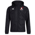 A Rugby Michigan Referee Society Club Vaposhield Full Zip Rain Jacket by EMB Canterbury, in black with a hood, showcases the Canterbury logo on the left and the "Rugby Michigan" emblem on the right, incorporating VapoShield Technology for water resistance.