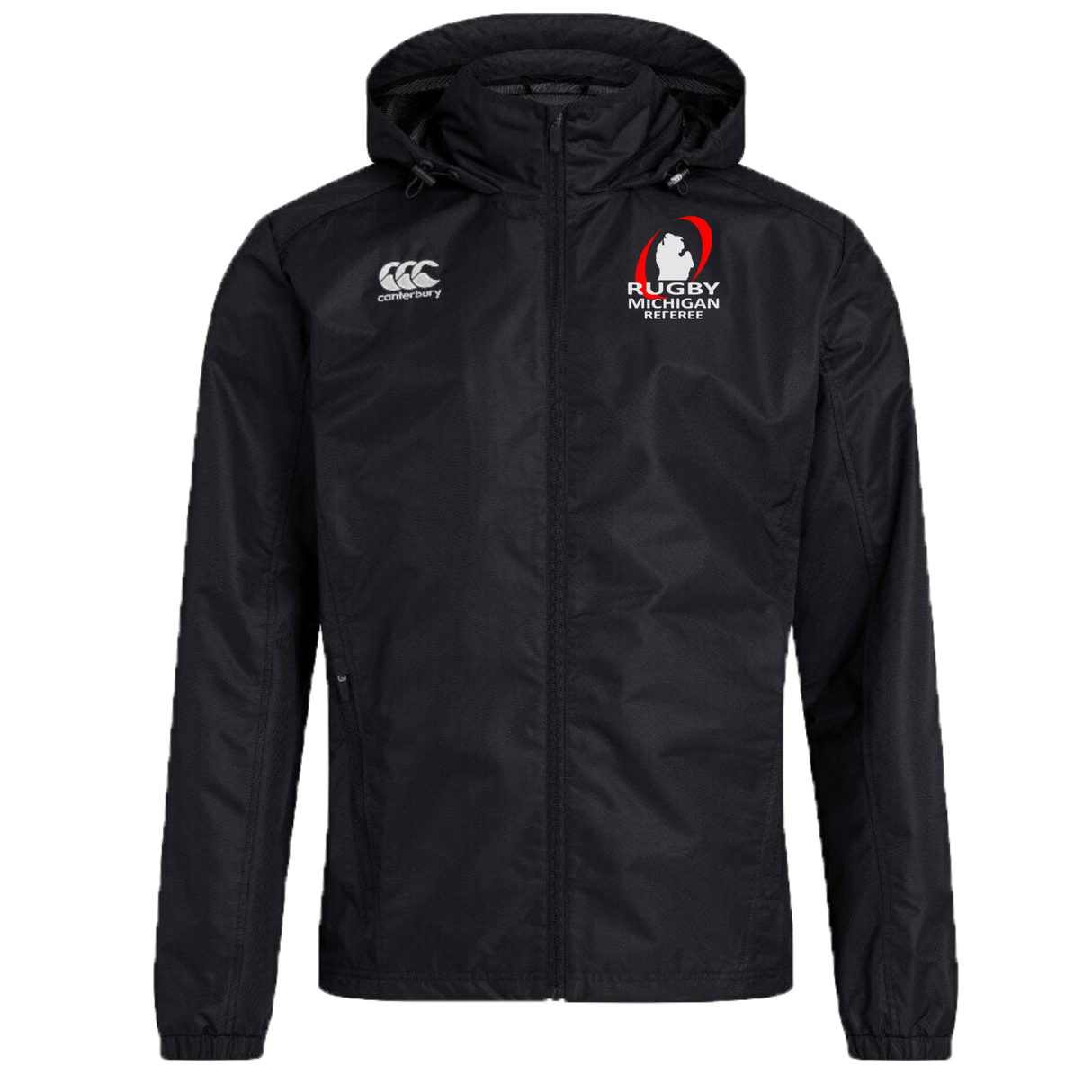 A Rugby Michigan Referee Society Club Vaposhield Full Zip Rain Jacket by EMB Canterbury, in black with a hood, showcases the Canterbury logo on the left and the "Rugby Michigan" emblem on the right, incorporating VapoShield Technology for water resistance.
