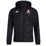 A Rugby Michigan Referee Society Club Vaposhield Full Zip Rain Jacket by EMB Canterbury, in black with a hood, showcases the Canterbury logo on the left and the "Rugby Michigan" emblem on the right, incorporating VapoShield Technology for water resistance.