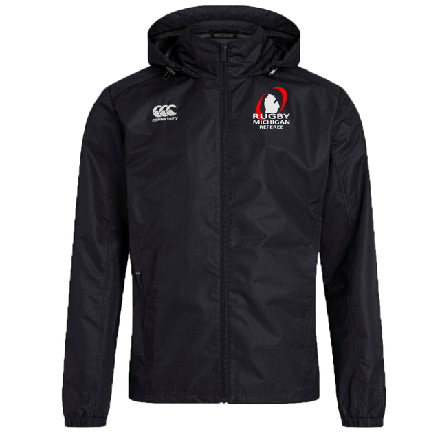 A Rugby Michigan Referee Society Club Vaposhield Full Zip Rain Jacket by EMB Canterbury, in black with a hood, showcases the Canterbury logo on the left and the "Rugby Michigan" emblem on the right, incorporating VapoShield Technology for water resistance.
