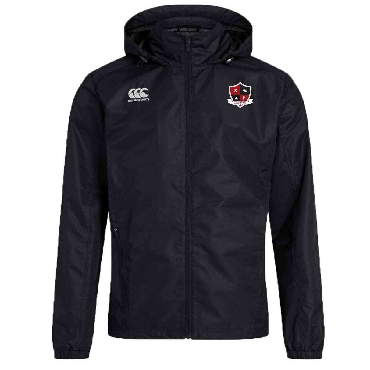 The Southern Pines Youth Rugby Club Vaposhield Full Zip Rain Jacket by Canterbury, in black, features a chest logo with "S" and "J," VapoShield technology, and a full zipper. The EMB Canterbury logo is on the right shoulder, providing water-resistant protection for any weather.