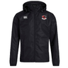 The Southern Pines Youth Rugby Club Vaposhield Full Zip Rain Jacket by Canterbury, in black, features a chest logo with "S" and "J," VapoShield technology, and a full zipper. The EMB Canterbury logo is on the right shoulder, providing water-resistant protection for any weather.