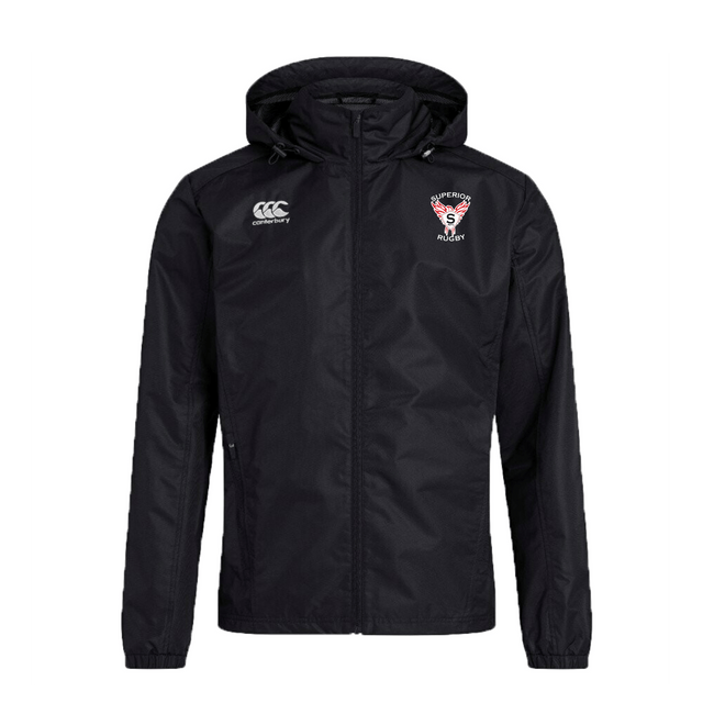 The Superior Rugby Club Vaposhield Full Zip Rain Jacket by EMB Canterbury features the club logo, Canterbury branding, and VapoShield water-resistant technology for enhanced protection.