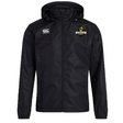 The Chicago Riot Club Vaposhield Full Zip Rain Jacket by EMB Canterbury is a black rain jacket with a hood, featuring the Canterbury logo on the right chest and the Chicago Riot Rugby logo on the left chest.