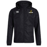The Chicago Riot Club Vaposhield Full Zip Rain Jacket by EMB Canterbury is a black rain jacket with a hood, featuring the Canterbury logo on the right chest and the Chicago Riot Rugby logo on the left chest.