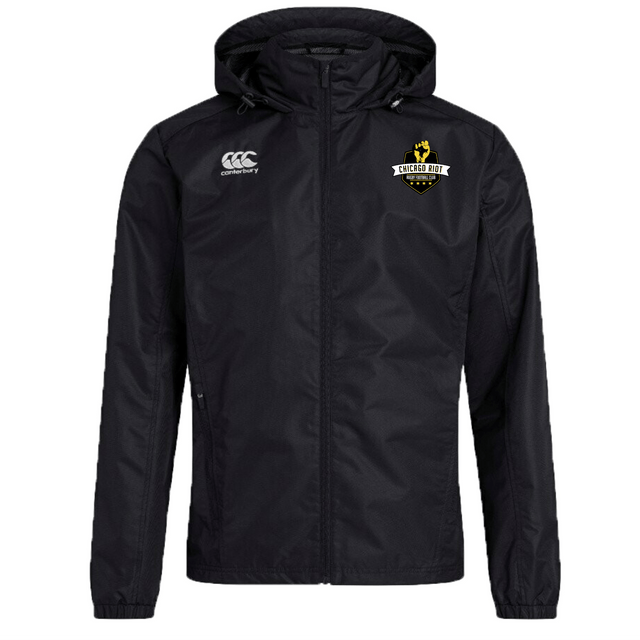 The Chicago Riot Club Vaposhield Full Zip Rain Jacket by EMB Canterbury is a black rain jacket with a hood, featuring the Canterbury logo on the right chest and the Chicago Riot Rugby logo on the left chest.