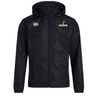 The Chicago Riot Club Vaposhield Full Zip Rain Jacket by EMB Canterbury is a black rain jacket with a hood, featuring the Canterbury logo on the right chest and the Chicago Riot Rugby logo on the left chest.