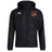 The Godzilla Rugby Football Club Vaposhield Full Zip Rain Jacket by EMB Canterbury is a black hooded jacket featuring a front zipper, the Canterbury logo on the right chest, and a maroon gorilla emblem with “GORILLAS” text on the left chest. Designed with VapoShield technology, this water-resistant jacket keeps you comfortable in wet conditions.