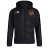 The Godzilla Rugby Football Club Vaposhield Full Zip Rain Jacket by EMB Canterbury is a black hooded jacket featuring a front zipper, the Canterbury logo on the right chest, and a maroon gorilla emblem with “GORILLAS” text on the left chest. Designed with VapoShield technology, this water-resistant jacket keeps you comfortable in wet conditions.
