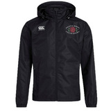 Introducing the Santa Rosa Youth Rugby Club Vaposhield Full Zip Rain Jacket by EMB Canterbury—this black hooded rain jacket showcases a white “Canterbury” logo and the “Santa Rosa Youth Rugby” crest with a red rose on the left chest. Crafted with VapoShield technology, it delivers exceptional water resistance and superior protection against the elements.