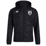 The South Orange County Raptors Club Vaposhield Full Zip Rain Jacket by Canterbury is a black hooded rugby rain jacket featuring a white EMB Canterbury logo on the right chest and the South Orange County Raptors team crest with a bird on the left chest. This water resistant jacket incorporates VapoShield technology to help keep you dry and comfortable in wet conditions.