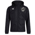 Black hooded ICRON Club Vaposhield Full Zip Rain Jacket by Canterbury with a full-length front zipper, featuring a logo on the left chest and a rugby ball crest on the right.