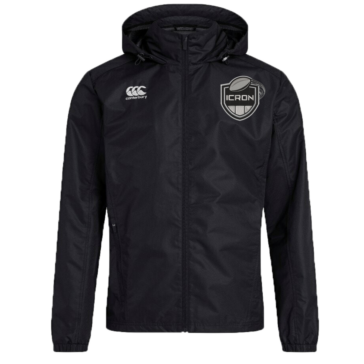 Black hooded ICRON Club Vaposhield Full Zip Rain Jacket by Canterbury with a full-length front zipper, featuring a logo on the left chest and a rugby ball crest on the right.