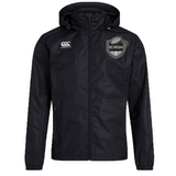 Black hooded ICRON Club Vaposhield Full Zip Rain Jacket by Canterbury with a full-length front zipper, featuring a logo on the left chest and a rugby ball crest on the right.