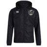 Black hooded ICRON Club Vaposhield Full Zip Rain Jacket by Canterbury with a full-length front zipper, featuring a logo on the left chest and a rugby ball crest on the right.