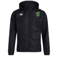 Black Rock Rugby Club Vaposhield Full Zip Rain Jacket by Canterbury with a zip front, featuring a white logo on the right chest and a green and white Rock Rugby Lions shield emblem on the left chest.