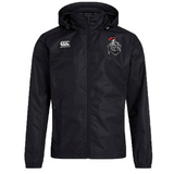 The Birmingham Iron Women’s Football Club Vaposhield Full Zip Rain Jacket by EMB Canterbury is a black hooded zip-up featuring the Canterbury logo on the right chest, team logo on the left, and VapoShield technology for water resistance.