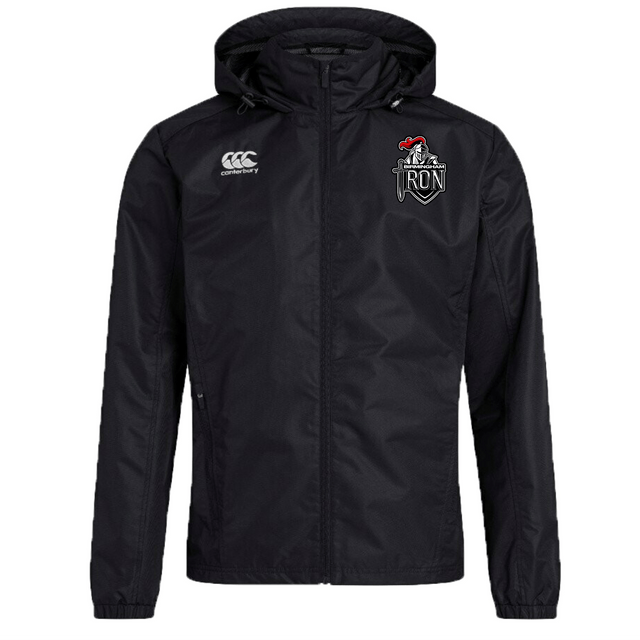 The Birmingham Iron Women’s Football Club Vaposhield Full Zip Rain Jacket by EMB Canterbury is a black hooded zip-up featuring the Canterbury logo on the right chest, team logo on the left, and VapoShield technology for water resistance.