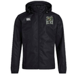 Introducing the Lewis County Elks Club VapoShield Full Zip Rain Jacket by EMB Canterbury. This black, hooded rugby rain jacket features a full-length zipper, a white Canterbury logo on the right chest, and an embroidered Elks logo with elk head detail on the left chest. Engineered with VapoShield technology from Canterbury, it offers excellent water resistance to keep you comfortable in wet conditions.