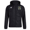 Introducing the Lewis County Elks Club VapoShield Full Zip Rain Jacket by EMB Canterbury. This black, hooded rugby rain jacket features a full-length zipper, a white Canterbury logo on the right chest, and an embroidered Elks logo with elk head detail on the left chest. Engineered with VapoShield technology from Canterbury, it offers excellent water resistance to keep you comfortable in wet conditions.