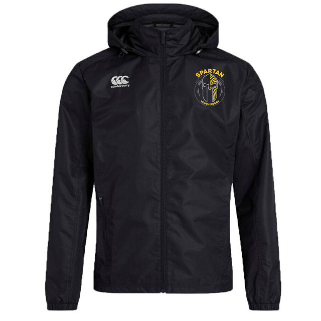 The Spartan Youth Rugby Club Vaposhield Full Zip Rain Jacket by EMB Canterbury features VapoShield tech, a front zipper, a white "Canterbury" logo on the right chest, and a yellow "SPARTAN" emblem on the left chest.