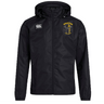 The Spartan Youth Rugby Club Vaposhield Full Zip Rain Jacket by EMB Canterbury features VapoShield tech, a front zipper, a white "Canterbury" logo on the right chest, and a yellow "SPARTAN" emblem on the left chest.