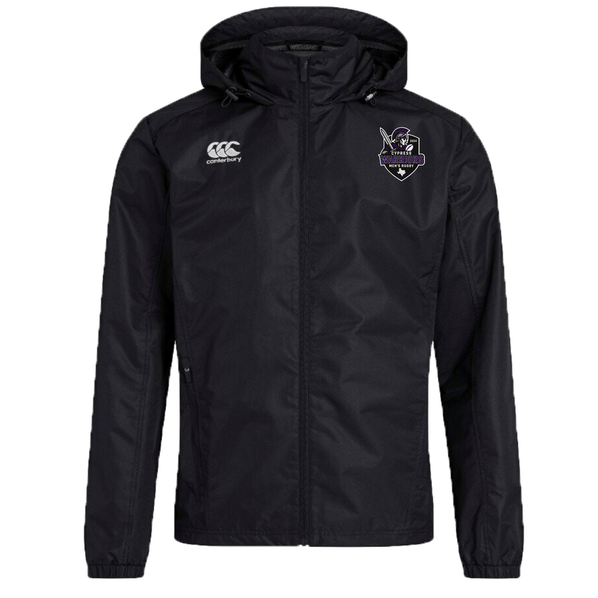 The Cypress Warriors Men's Rugby Club Vaposhield Full Zip Rain Jacket by EMB Canterbury is a black, water-resistant jacket with a front zipper, Canterbury logo on the right chest, and a stylized bird badge on the left.