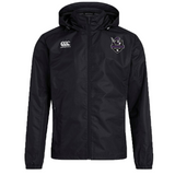 The Cypress Warriors Men's Rugby Club Vaposhield Full Zip Rain Jacket by EMB Canterbury is a black, water-resistant jacket with a front zipper, Canterbury logo on the right chest, and a stylized bird badge on the left.