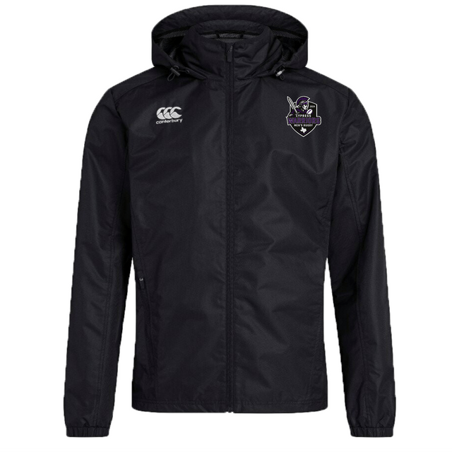 The Cypress Warriors Men's Rugby Club Vaposhield Full Zip Rain Jacket by EMB Canterbury is a black, water-resistant jacket with a front zipper, Canterbury logo on the right chest, and a stylized bird badge on the left.