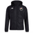The Society of Iowa Rugby Referees Club Vaposhield Full Zip Rain Jacket by Canterbury features a black hooded design with a front zipper, the EMB Canterbury logo on the right chest, and a floral circular emblem on the left chest. Constructed with VapoShield technology, this water-resistant jacket is designed to keep you dry in wet weather conditions.