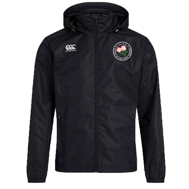 The Society of Iowa Rugby Referees Club Vaposhield Full Zip Rain Jacket by Canterbury features a black hooded design with a front zipper, the EMB Canterbury logo on the right chest, and a floral circular emblem on the left chest. Constructed with VapoShield technology, this water-resistant jacket is designed to keep you dry in wet weather conditions.