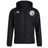 Black hooded Society of Iowa Rugby Referees Club Vaposhield Full Zip Rain Jacket by EMB Canterbury, featuring a white “Canterbury” logo on the right chest and a round badge with a pink flower and Japanese text on the left chest. This water-resistant jacket is designed to keep you comfortable in all weather conditions.