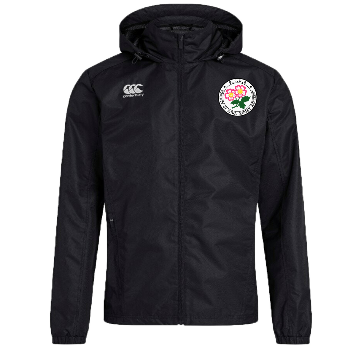 Black hooded Society of Iowa Rugby Referees Club Vaposhield Full Zip Rain Jacket by EMB Canterbury, featuring a white “Canterbury” logo on the right chest and a round badge with a pink flower and Japanese text on the left chest. This water-resistant jacket is designed to keep you comfortable in all weather conditions.