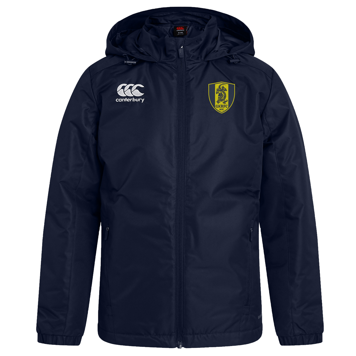 Presenting the Gotham Knights Club Vaposhield Full Zip Rain Jacket by Canterbury, this navy blue rain jacket with a hood stands out with its yellow shield emblem on the right chest and the Canterbury logo on the left chest. As part of EMB Canterbury's collection, this VapoShield jacket is water resistant, making it ideal for staying dry in wet weather.