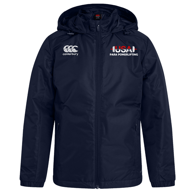 Stay dry and warm in the EMB Canterbury USA Para Powerlifting Club Vaposhield Stadium Jacket—navy blue, padded insulation, right-chest Canterbury logo, left-chest "USA Para Powerlifting" with barbell graphic.