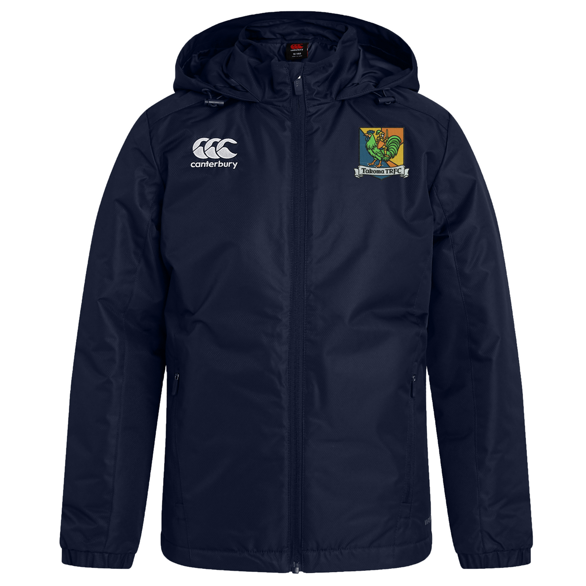 Navy blue water repellent hooded zip-up Takoma Touch Rugby Club Vaposhield Stadium Jacket by Canterbury with the brand logo and club crest on the chest.