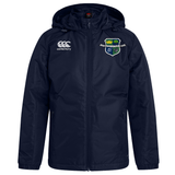 The Kingwood Rugby Club Vaposhield Stadium Jacket by EMB Canterbury features a zip front, water-repellent finish, Canterbury logo on the right chest, and a school crest with crown and shield on the left chest.