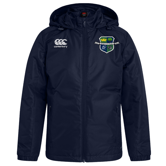 The Kingwood Rugby Club Vaposhield Stadium Jacket by EMB Canterbury features a zip front, water-repellent finish, Canterbury logo on the right chest, and a school crest with crown and shield on the left chest.