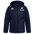 The EMB Canterbury NC Rugby Academy - Megalodons Club Vaposhield Stadium Jacket features a navy blue, hooded, water-repellent design with academy logos on the chest.