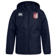 The Montgomery Bucks Griffins Club Vaposhield Stadium Jacket by EMB Canterbury is navy blue with padded insulation, a white Canterbury logo on the right chest, and a red and white embroidered lion crest on the left.