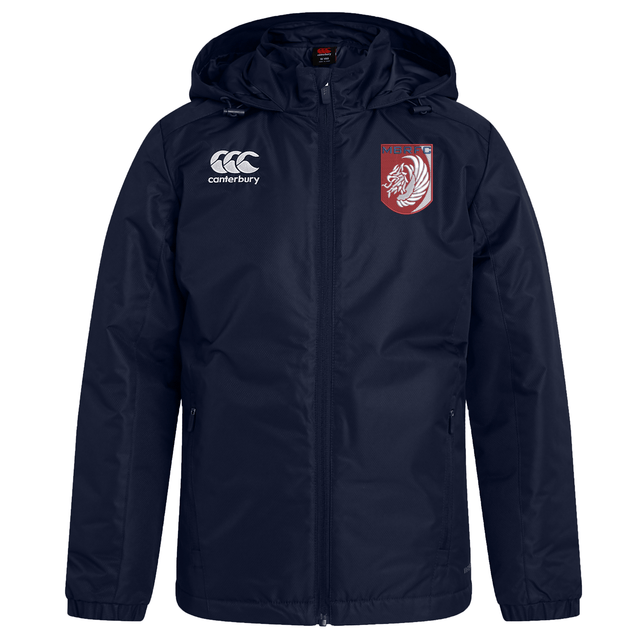 The Montgomery Bucks Griffins Club Vaposhield Stadium Jacket by EMB Canterbury is navy blue with padded insulation, a white Canterbury logo on the right chest, and a red and white embroidered lion crest on the left.