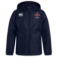 Introducing the SF CDME Rugby Club Vaposhield Stadium Jacket by EMB Canterbury—a navy blue hooded jacket featuring padded insulation for warmth. It showcases a white Canterbury logo on the right chest and a red cross emblem with "COME RUGBY" text on the left chest. Its water-repellent Vaposhield finish makes it perfect for unpredictable weather conditions.