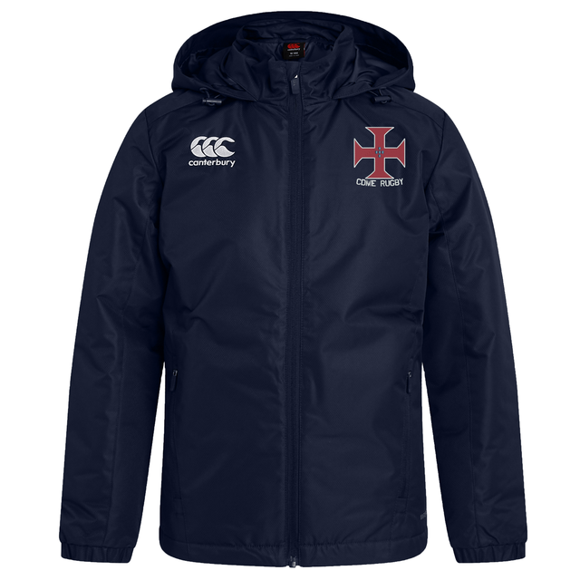 Introducing the SF CDME Rugby Club Vaposhield Stadium Jacket by EMB Canterbury—a navy blue hooded jacket featuring padded insulation for warmth. It showcases a white Canterbury logo on the right chest and a red cross emblem with "COME RUGBY" text on the left chest. Its water-repellent Vaposhield finish makes it perfect for unpredictable weather conditions.