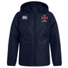 Introducing the SF CDME Rugby Club Vaposhield Stadium Jacket by EMB Canterbury—a navy blue hooded jacket featuring padded insulation for warmth. It showcases a white Canterbury logo on the right chest and a red cross emblem with "COME RUGBY" text on the left chest. Its water-repellent Vaposhield finish makes it perfect for unpredictable weather conditions.
