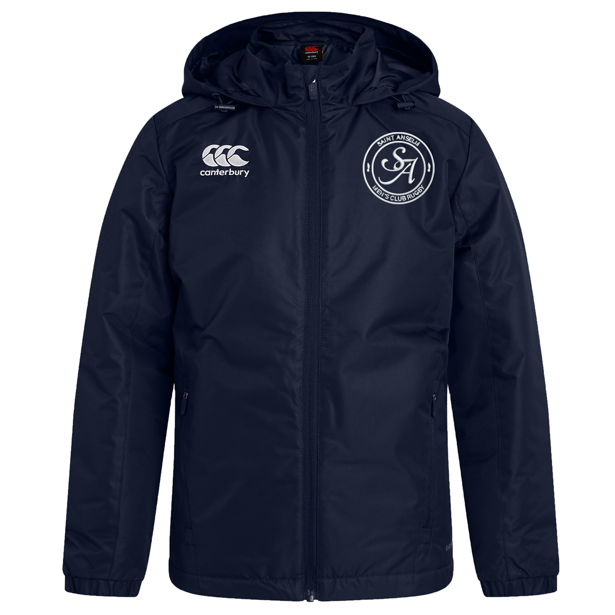The EMB Canterbury Saint Anselm College Rugby Club Vaposhield Stadium Jacket is navy blue, padded, insulated, and features a white Canterbury logo on the right chest with a circular club crest on the left—ideal for rugby stadium wear.