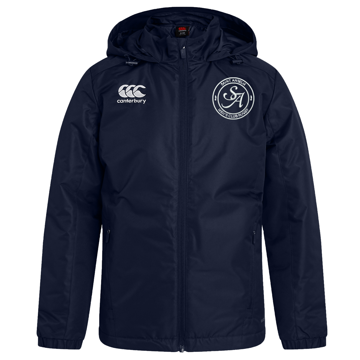 The EMB Canterbury Saint Anselm College Rugby Club Vaposhield Stadium Jacket is navy blue, padded, insulated, and features a white Canterbury logo on the right chest with a circular club crest on the left—ideal for rugby stadium wear.