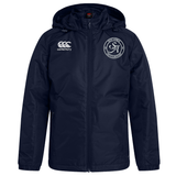 The EMB Canterbury Saint Anselm College Rugby Club Vaposhield Stadium Jacket is navy blue, padded, insulated, and features a white Canterbury logo on the right chest with a circular club crest on the left—ideal for rugby stadium wear.