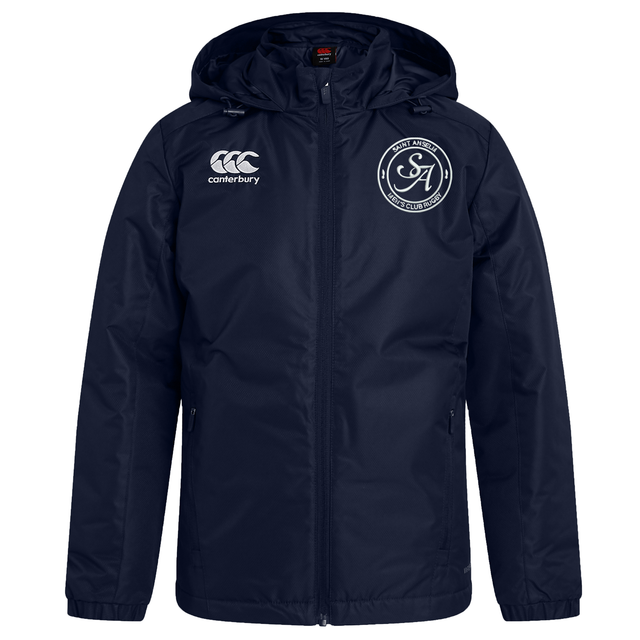 The EMB Canterbury Saint Anselm College Rugby Club Vaposhield Stadium Jacket is navy blue, padded, insulated, and features a white Canterbury logo on the right chest with a circular club crest on the left—ideal for rugby stadium wear.